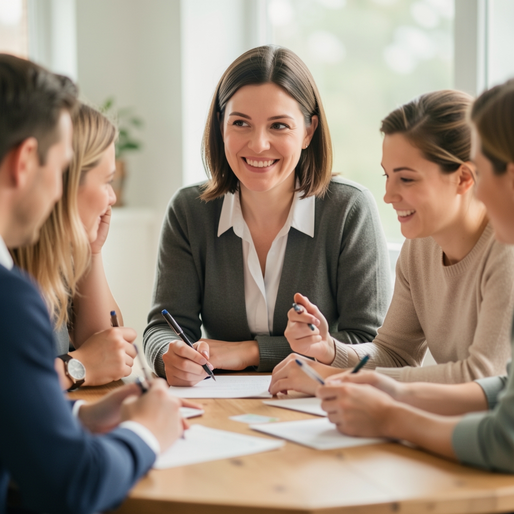 Small editorial team discussing nutrition notes around a wooden table in a light UK studio