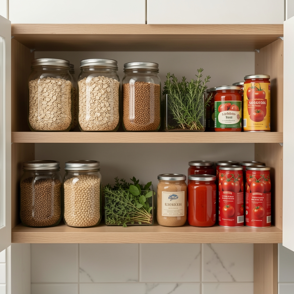 Neatly arranged jars of oats, lentils, brown rice, herbs and tinned tomatoes on open kitchen shelves