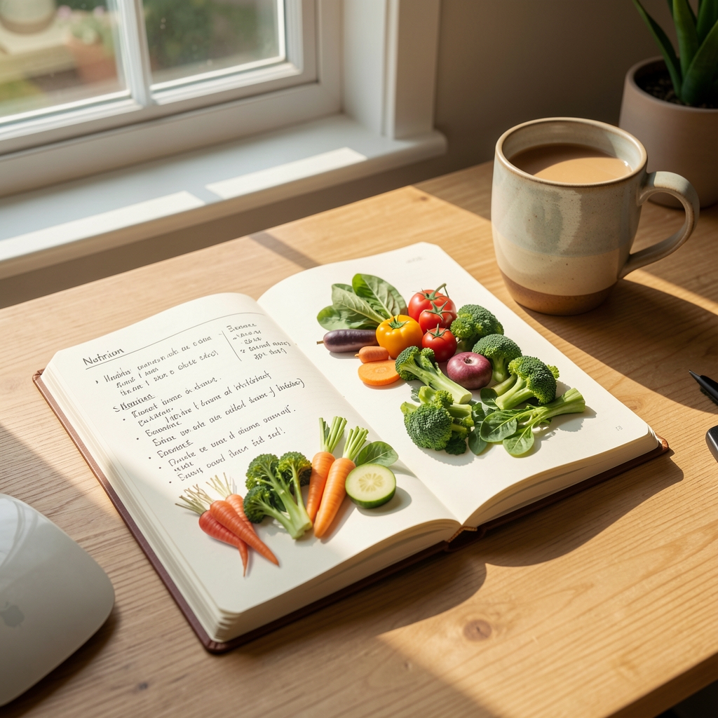 Open journal with nutrition notes seasonal vegetables and a ceramic cup on a sunny desk
