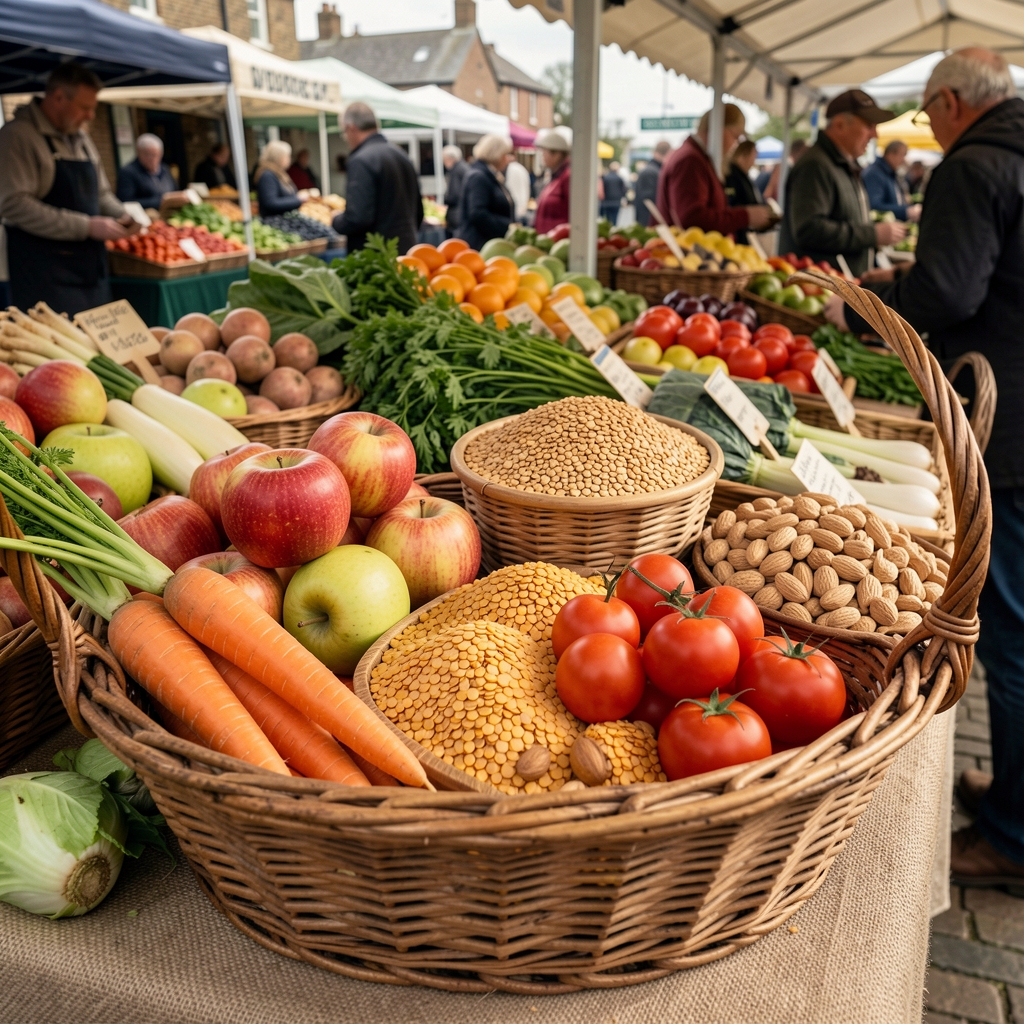Reusable basket filled with apples, carrots, lentils, tomatoes and unsalted nuts at a UK farmers market