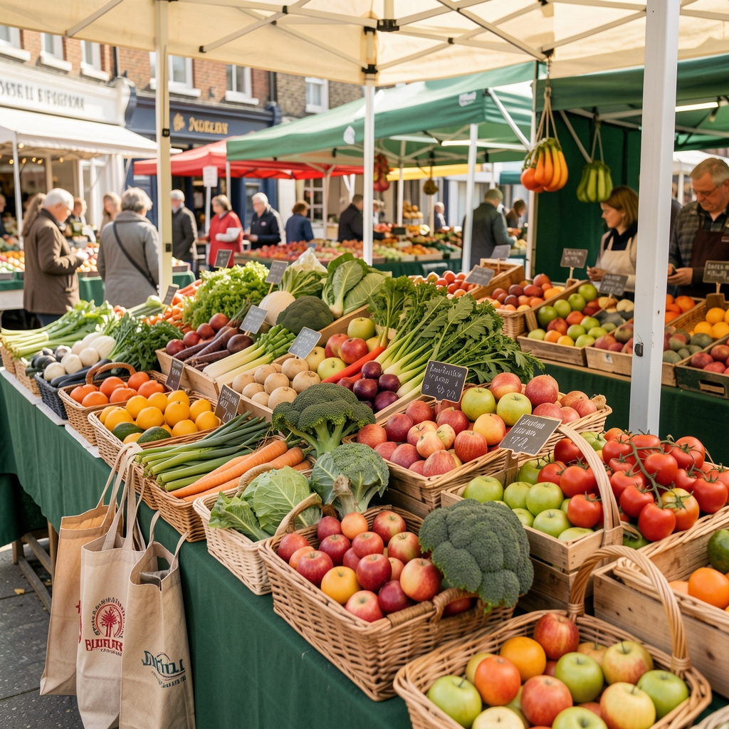 Seasonal vegetables fruit and reusable shopping bags at a bright UK market stall