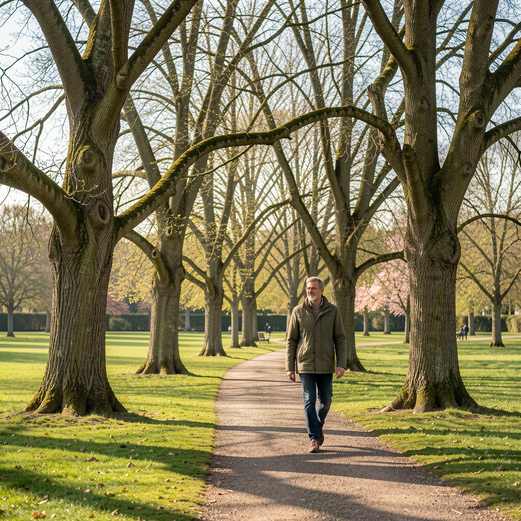 Person walking gently beside trees in a UK park during a clear spring morning