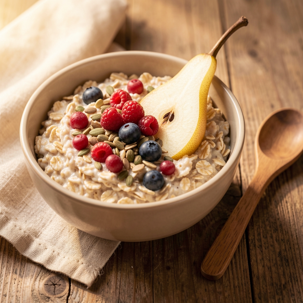 Warm bowl of oats topped with berries seeds and pear beside a wooden spoon