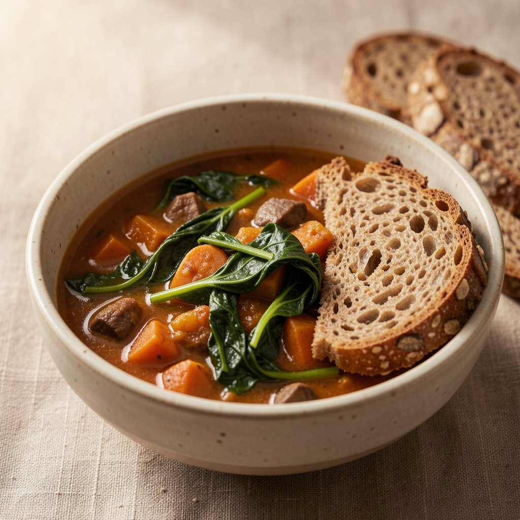 Portion of nourishing stew with greens and wholegrain bread served in a ceramic bowl
