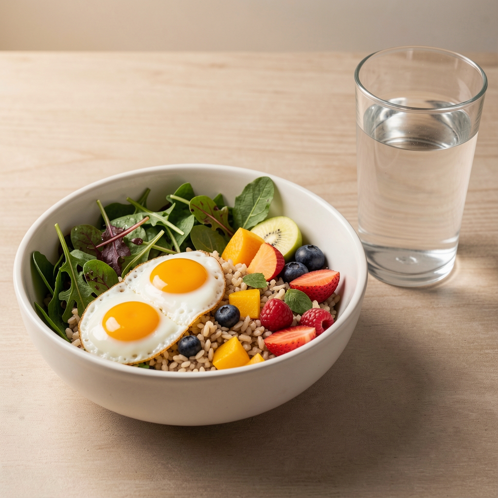 Colourful nourishing meal with grains greens eggs and fruit beside a glass of water